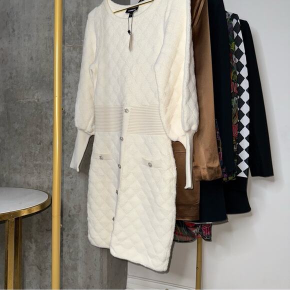 Express Embellished Button Front Mini Sweater Dress in Ivory/Off White - Picture 11 of 17